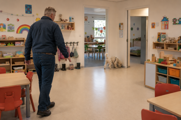 Hundeführer begleitet seinen Schimmelspürhund bei der professionellen Untersuchung auf Schimmelbefall in einem Kindergartenraum.