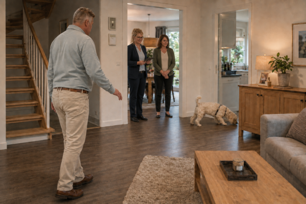 Schimmelspürhund untersucht ein Wohnzimmer auf Schimmelbefall, begleitet vom Hundeführer und beobachtet von zwei Kundinnen im Hintergrund.