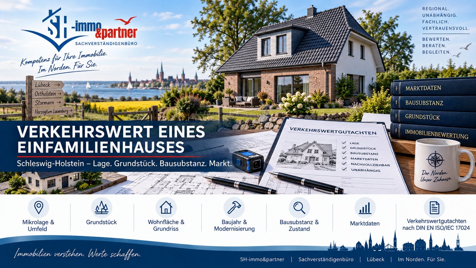 Verkehrswert eines Einfamilienhauses in Schleswig-Holstein. SH-immo&partner bewertet Lage, Grundstück, Modernisierung & Bausubstanz fachgerecht.