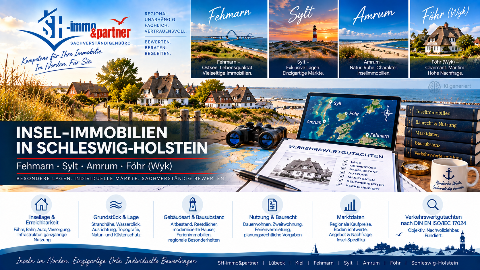 Verkehrswertgutachten auf Sylt, Föhr, Amrum & Fehmarn. SH-immo&partner bewertet Inselmarkt, Baurecht, Logistik & Bausubstanz.