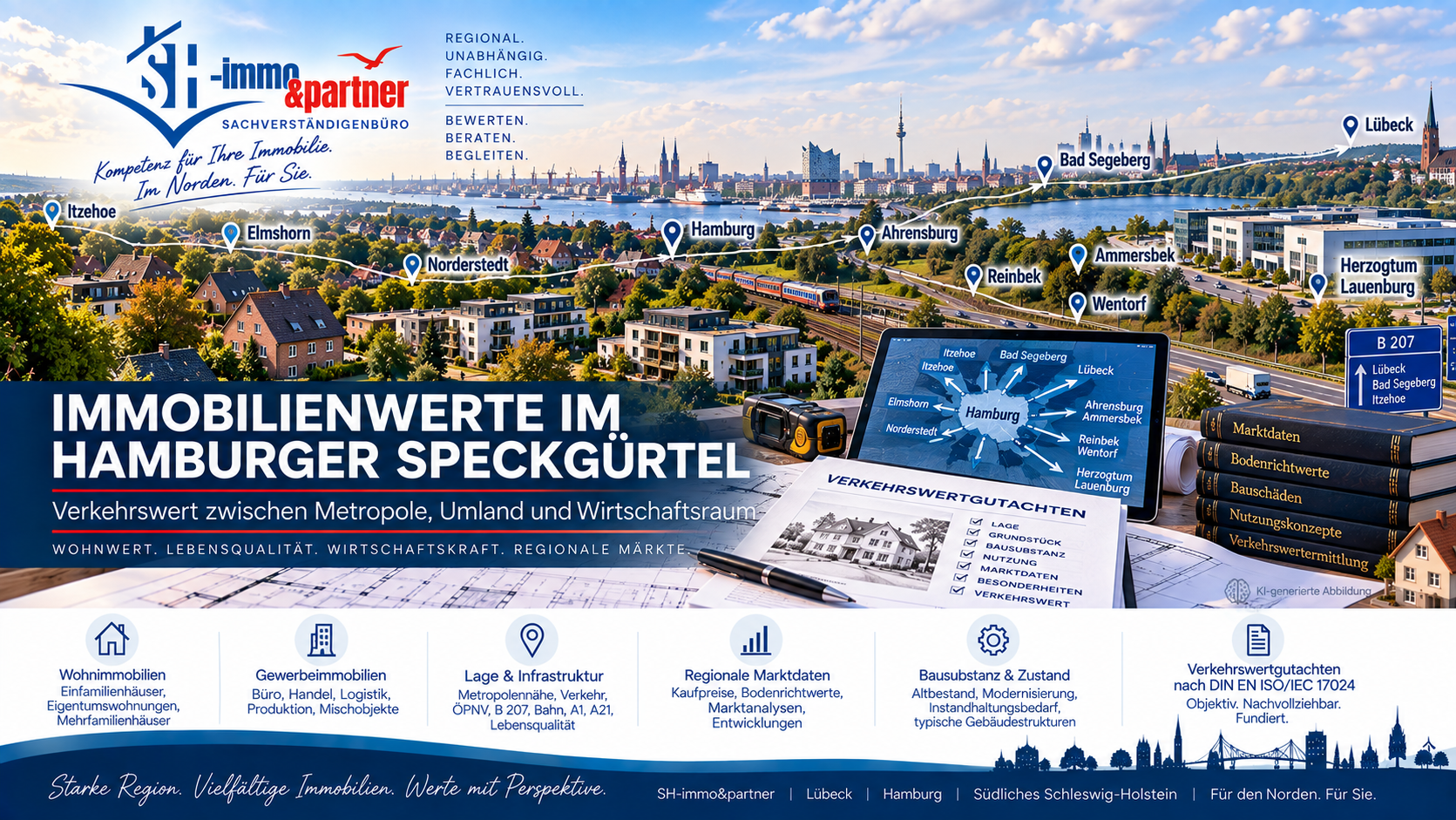 Verkehrswertgutachten im Hamburger Speckgürtel (Norderstedt, Ahrensburg, Reinbek, Elmshorn & Co). SH-immo&partner bewertet Lage, Gewerbe & Bausubstanz.