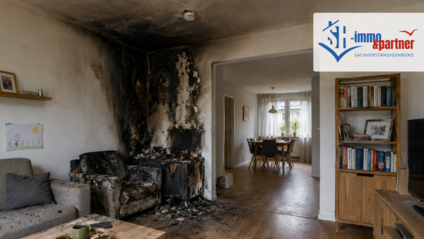 Brandschaden in einer Wohnung mit verrußter Wand und verbranntem Mobiliar zur Schadensbeurteilung – SH-immo & partner Sachverständigenbüro.