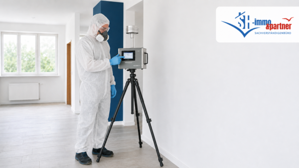 Gutachter im Schutzanzug führt mit einem Raumluft-Messgerät eine Freimessung nach Brandsanierung durch – SH-immo & partner Sachverständigenbüro.