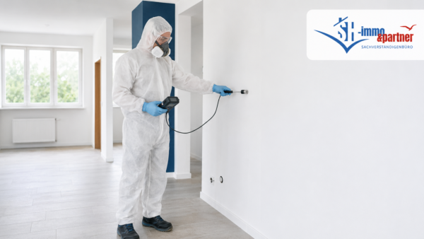 Gutachter im Schutzanzug führt mit einer Messsonde eine Wandfeuchtemessung im Rahmen einer Freimessung durch – SH-immo & partner Sachverständigenbüro.