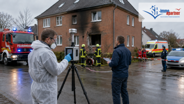 Gutachter führt mit einem Messgerät eine Schadstoff-Freimessung vor einem brandgeschädigten Wohnhaus durch – SH-immo & partner Sachverständigenbüro.