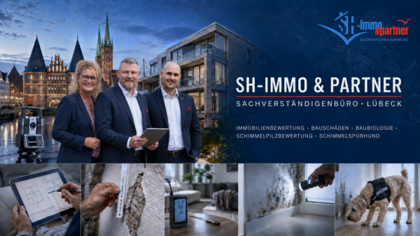 Header-Banner des Sachverständigenbüros SH-immo & partner Lübeck: Team-Portrait vor Lübecker Kulisse und Collage zu den Leistungen Immobilienbewertung, Bauschadensanalyse, Feuchtemessung und Schimmelspürhund.