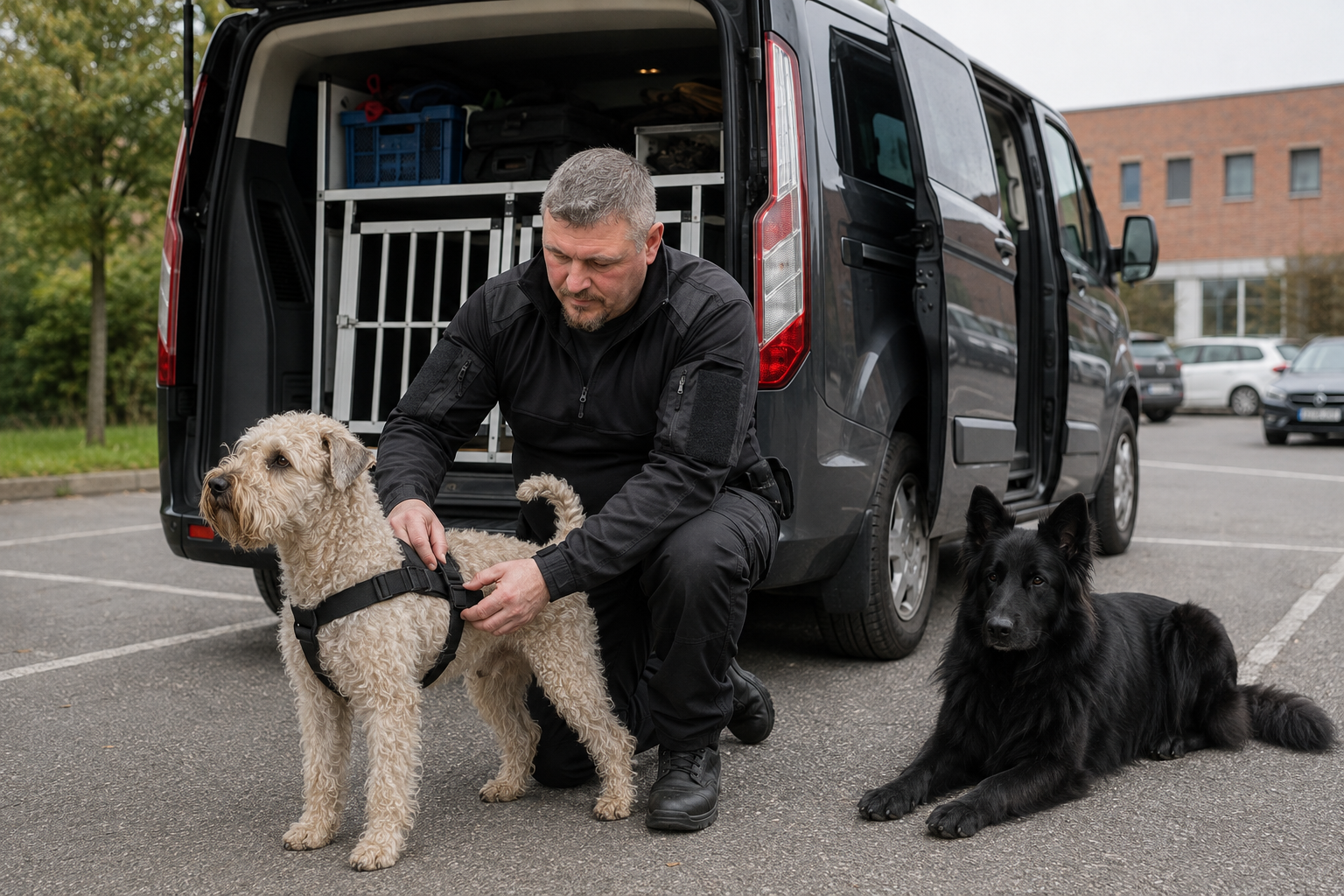 Hundeführer bereitet die Suchhunde Lotta und Nelly am Einsatzfahrzeug auf den Dienst vor.